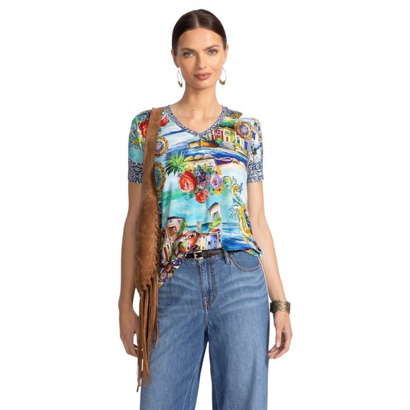 Johnny Was Janie Favorite Christy Short Swing Tee Floral Shirt Green Blue Top NW - Picture 4 of 9